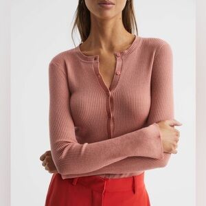 NWT Reiss Arabella Silk Wool Blend Pink Ribbed Cardigan